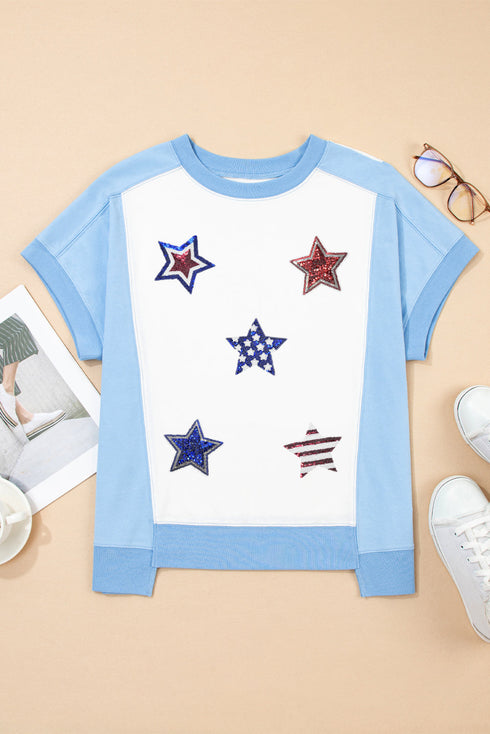 Colorblock Sequin Star Patch Relaxed Fit Patriotic Tee