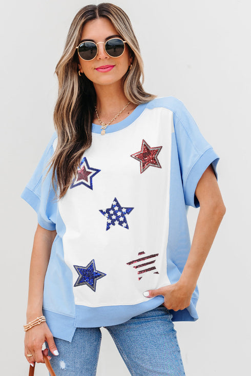 Colorblock Sequin Star Patch Relaxed Fit Patriotic Tee