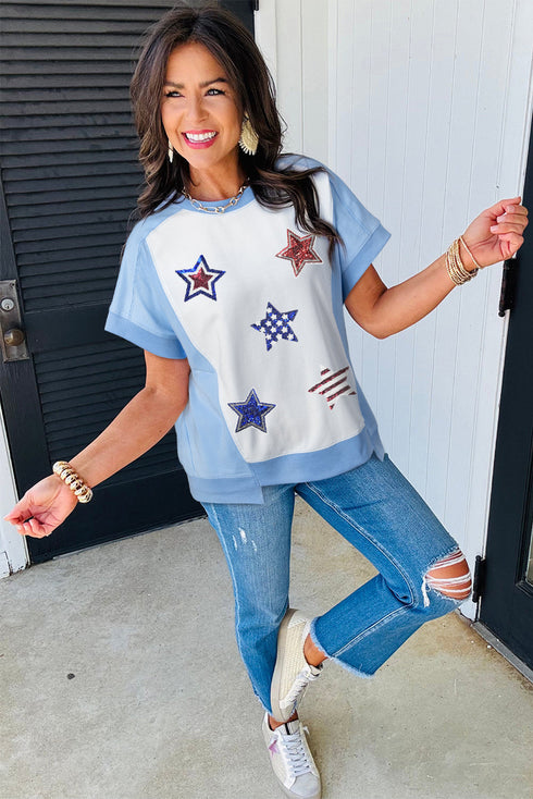 Colorblock Sequin Star Patch Relaxed Fit Patriotic Tee