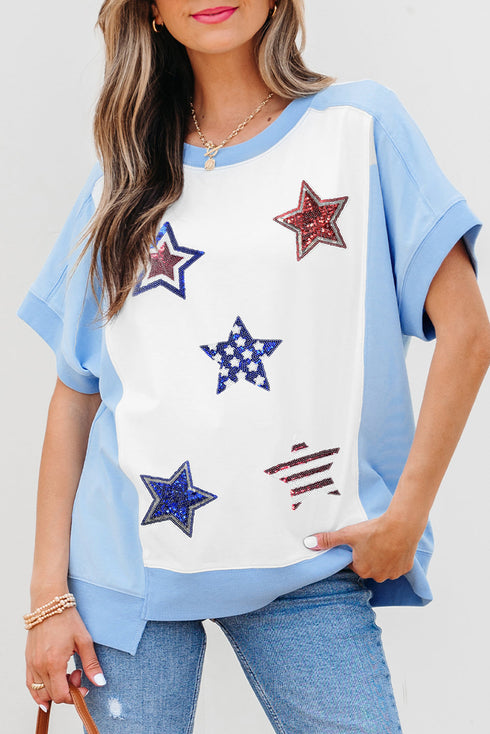 Colorblock Sequin Star Patch Relaxed Fit Patriotic Tee