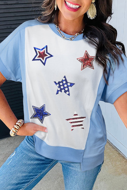 Colorblock Sequin Star Patch Relaxed Fit Patriotic Tee