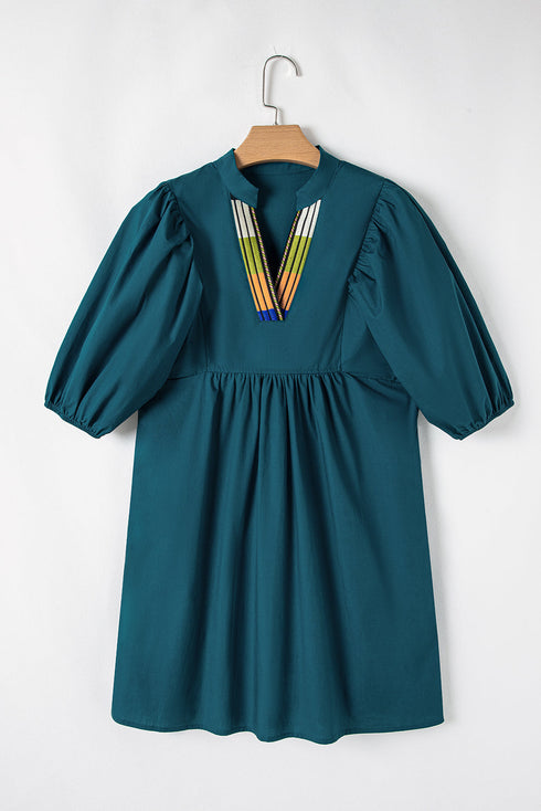 Colorblock Split V Neck Puff Sleeve Mini Dress
