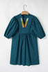 Colorblock Split V Neck Puff Sleeve Mini Dress