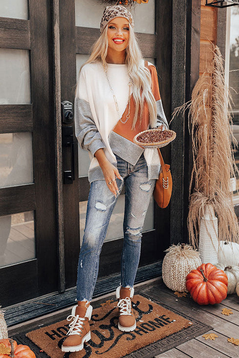 Colorblock Stitching Irregular Hem Long Sleeve Top