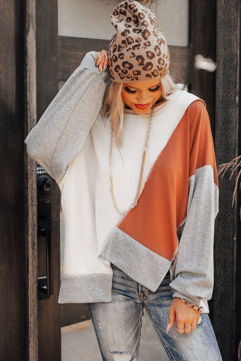 Colorblock Stitching Irregular Hem Long Sleeve Top