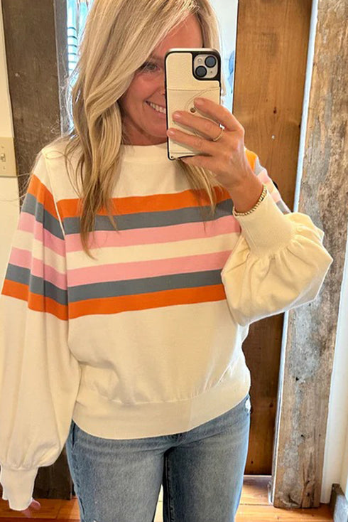 Colorblock Stripe Puff Sleeve Crewneck Sweatshirt