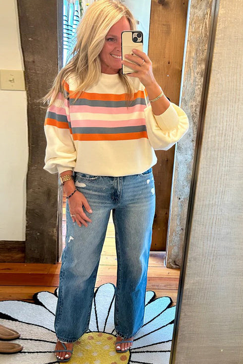 Colorblock Stripe Puff Sleeve Crewneck Sweatshirt