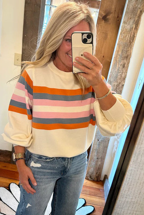 Colorblock Stripe Puff Sleeve Crewneck Sweatshirt