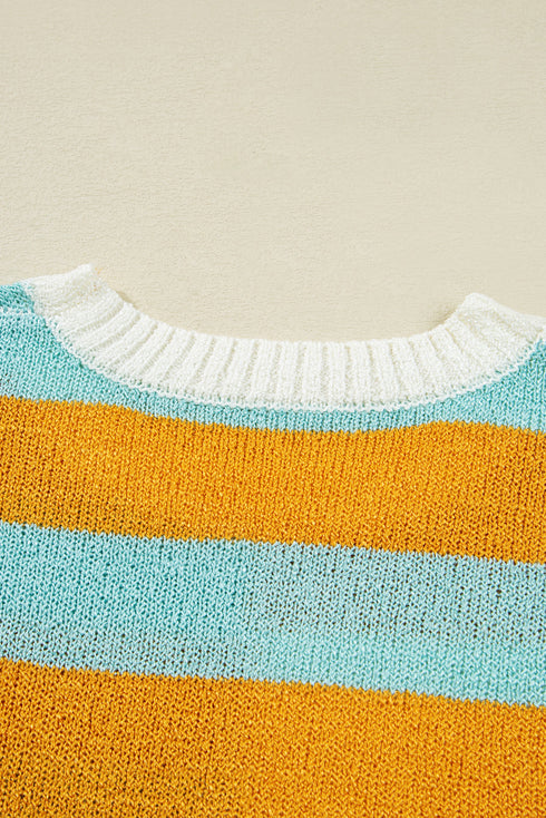 Colorblock Striped Crewneck Sweater Drop Shoulder Contrast Trim