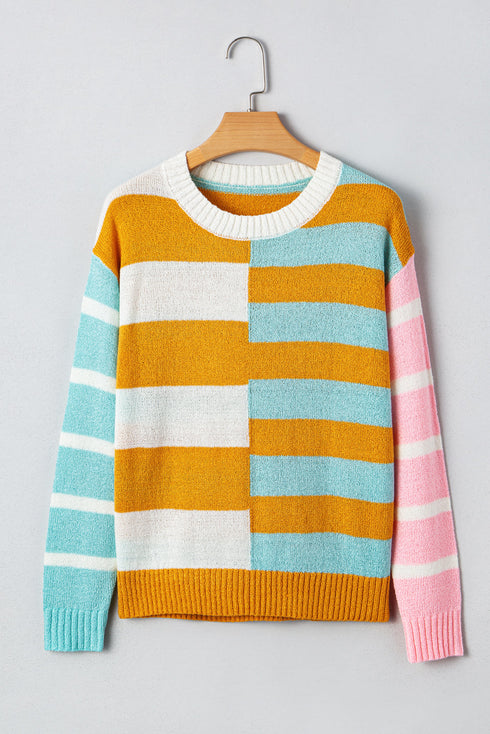 Colorblock Striped Crewneck Sweater Drop Shoulder Contrast Trim