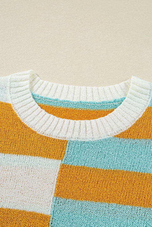 Colorblock Striped Crewneck Sweater Drop Shoulder Contrast Trim