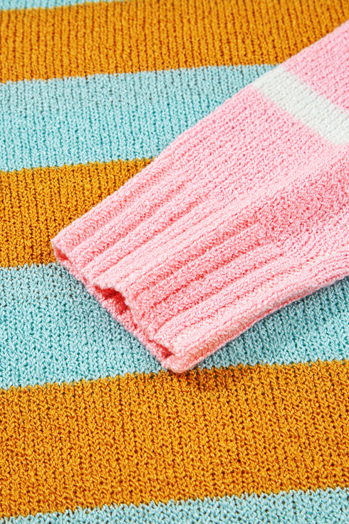 Colorblock Striped Crewneck Sweater Drop Shoulder Contrast Trim