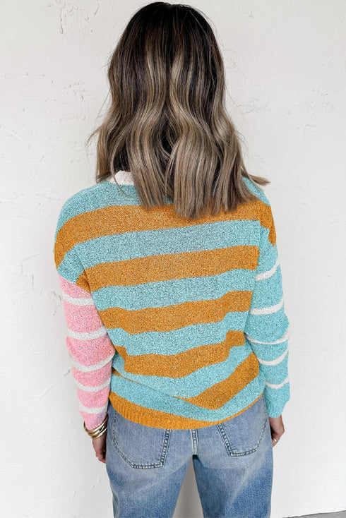 Colorblock Striped Crewneck Sweater Drop Shoulder Contrast Trim