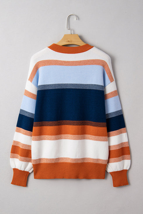 Colorblock Striped Drop-Shoulder Crewneck Pullover Sweater