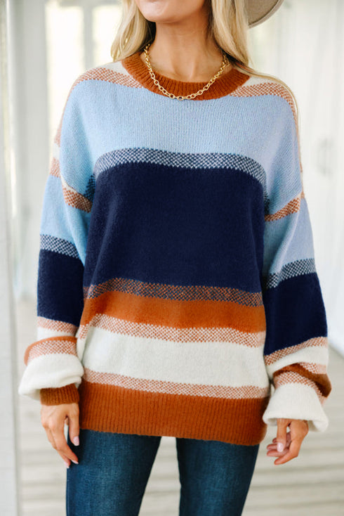 Colorblock Striped Drop-Shoulder Crewneck Pullover Sweater