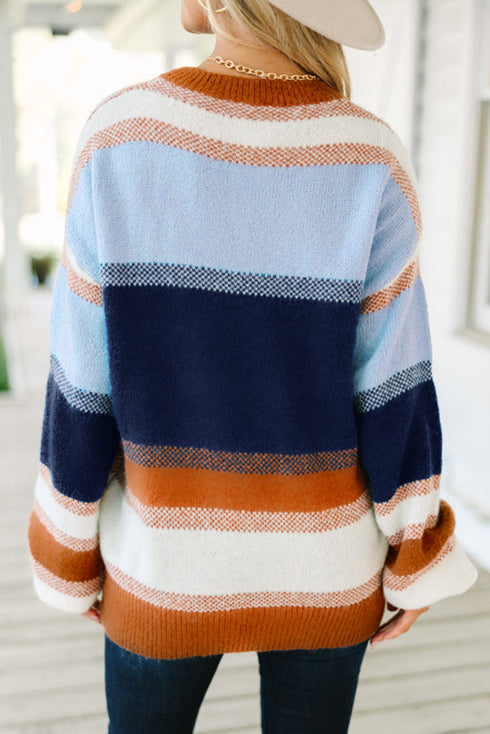 Colorblock Striped Drop-Shoulder Crewneck Pullover Sweater