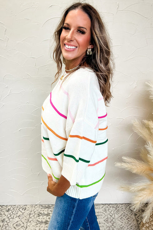 Colorblock Striped Drop Shoulder Knit Short Sleeve Sweater