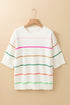 Colorblock Striped Drop Shoulder Knit Short Sleeve Sweater
