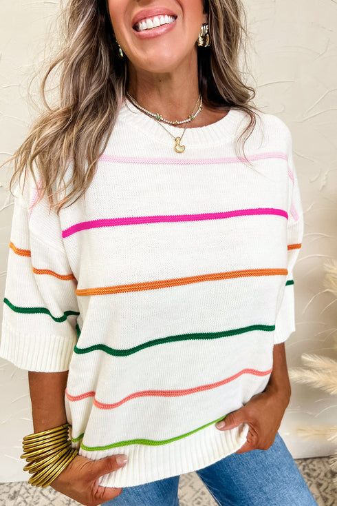 Colorblock Striped Drop Shoulder Knit Short Sleeve Sweater