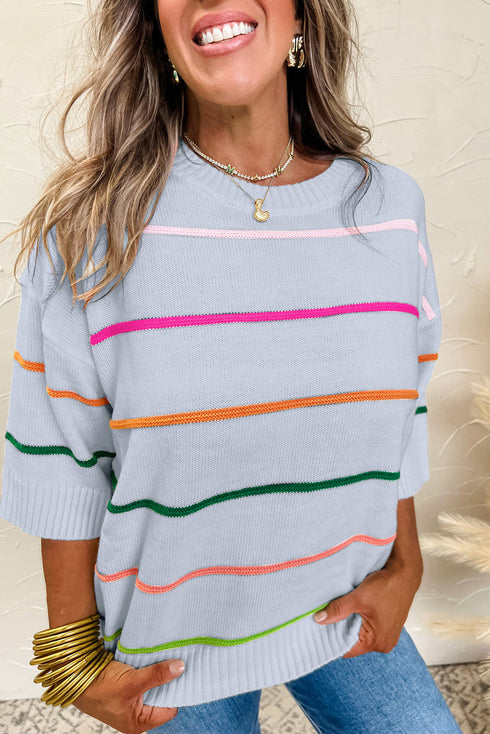 Colorblock Striped Drop Shoulder Knit Short Sleeve Sweater