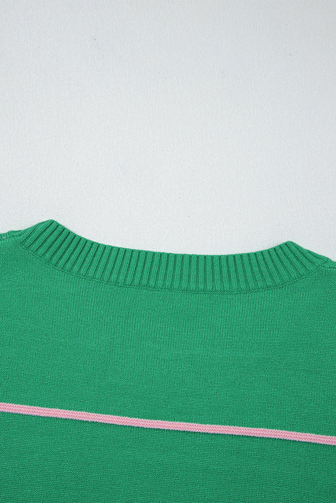 Colorblock Striped Drop Shoulder Knit Short Sleeve Sweater