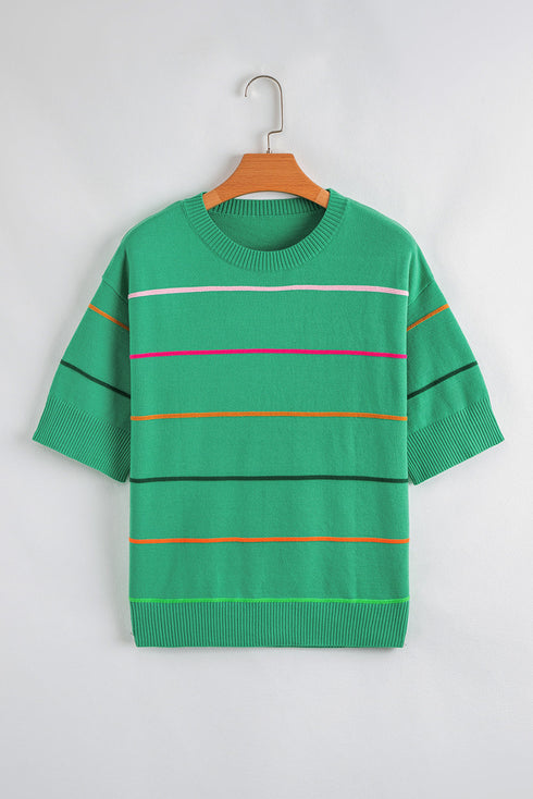 Colorblock Striped Drop Shoulder Knit Short Sleeve Sweater