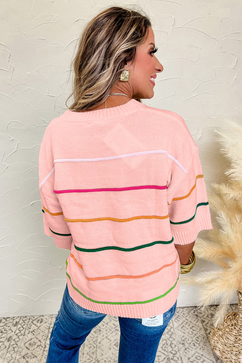Colorblock Striped Drop Shoulder Knit Short Sleeve Sweater