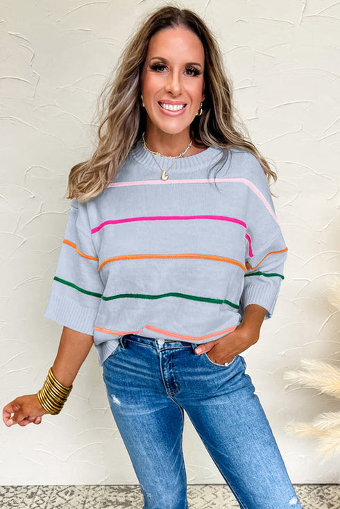 Colorblock Striped Drop Shoulder Knit Short Sleeve Sweater