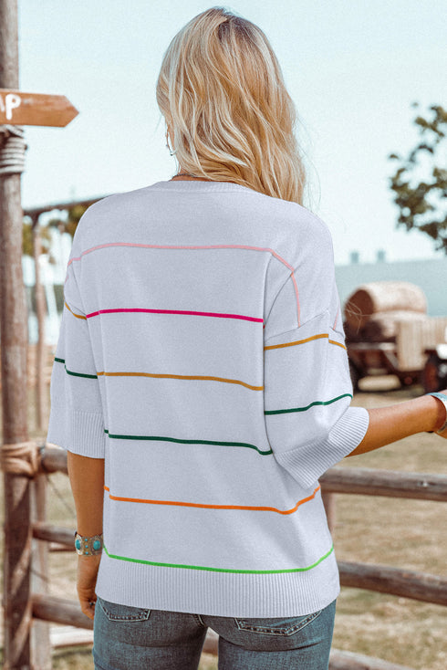 Colorblock Striped Drop Shoulder Knit Short Sleeve Sweater