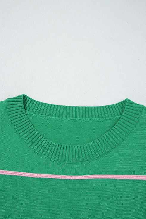 Colorblock Striped Drop Shoulder Knit Short Sleeve Sweater