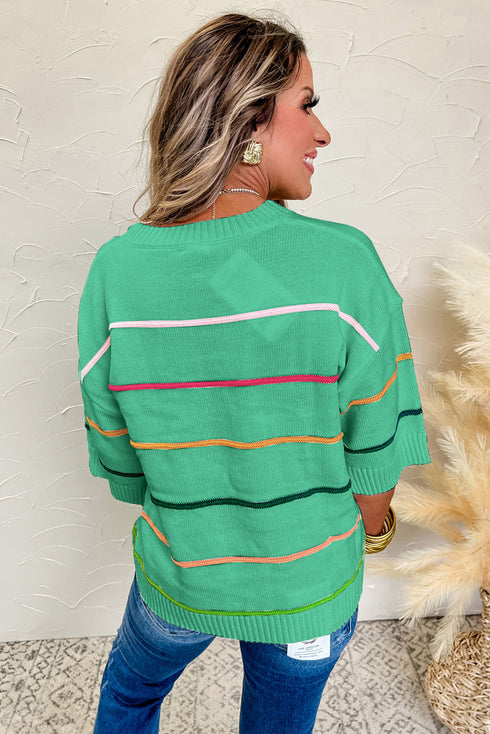 Colorblock Striped Drop Shoulder Knit Short Sleeve Sweater