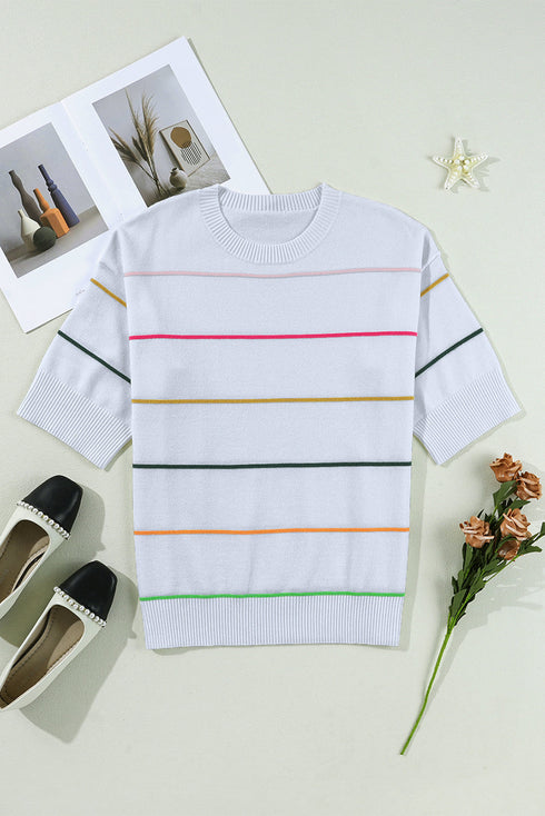 Colorblock Striped Drop Shoulder Knit Short Sleeve Sweater