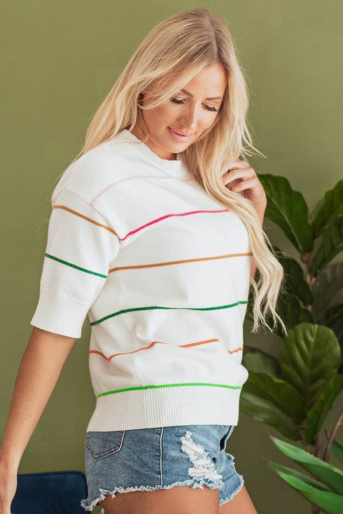 Colorblock Striped Drop Shoulder Knit Short Sleeve Sweater