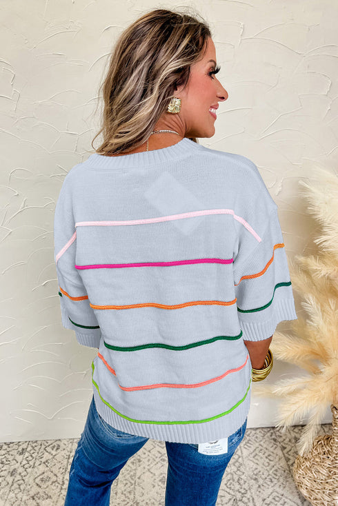 Colorblock Striped Drop Shoulder Knit Short Sleeve Sweater