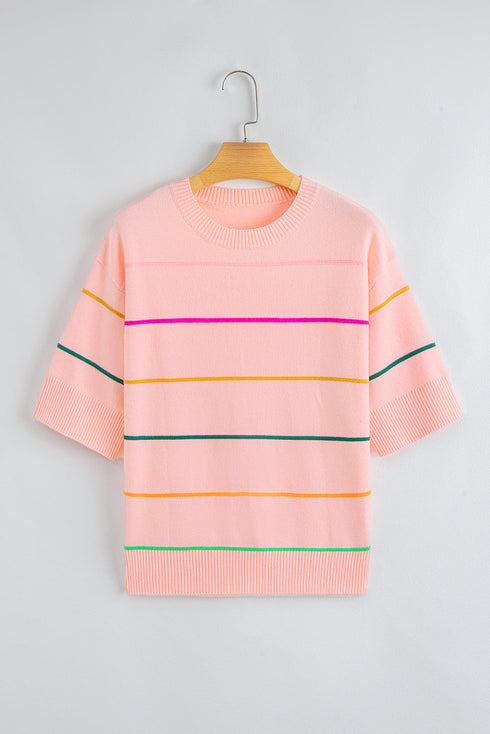Colorblock Striped Drop Shoulder Knit Short Sleeve Sweater