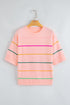 Colorblock Striped Drop Shoulder Knit Short Sleeve Sweater