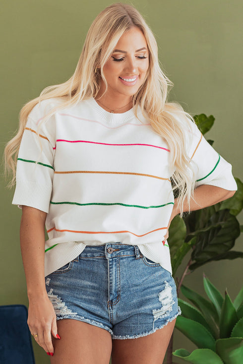 Colorblock Striped Drop Shoulder Knit Short Sleeve Sweater