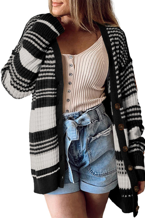 Colorblock Textured Knit Buttoned Cardigan
