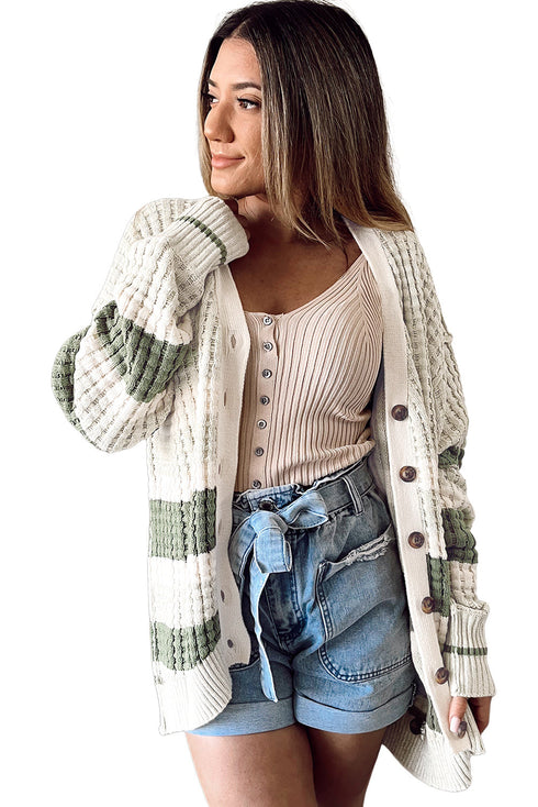 Colorblock Textured Knit Buttoned Cardigan