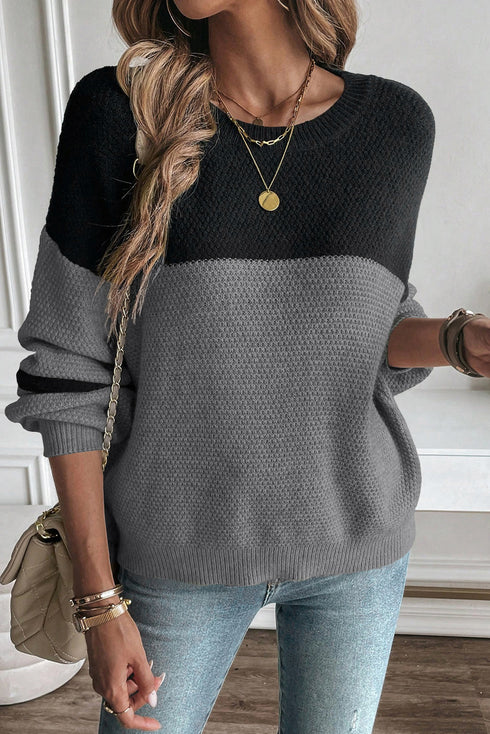 Colorblock Textured Knit Drop Shoulder Striped Sleeve Pullover Sweater