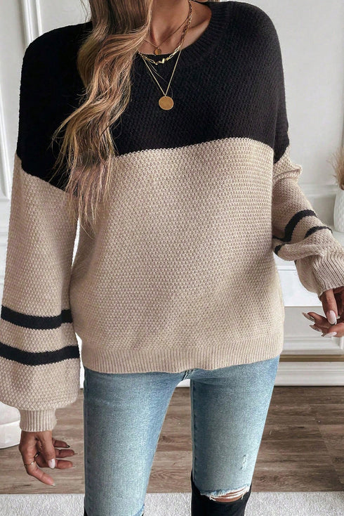 Colorblock Textured Knit Drop Shoulder Striped Sleeve Pullover Sweater