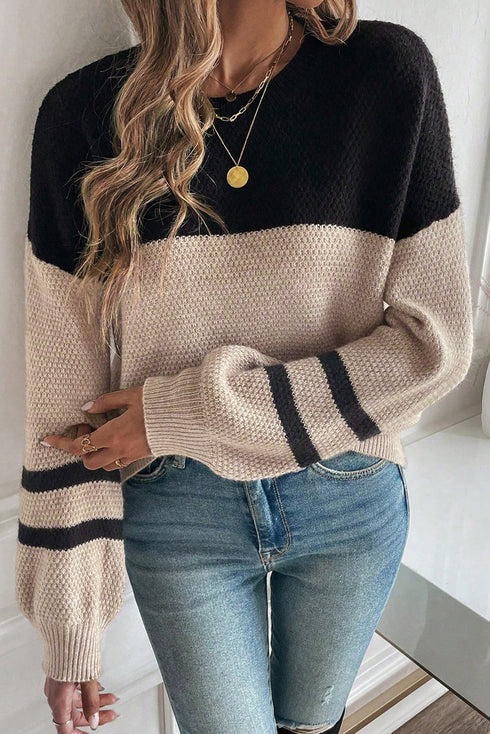 Colorblock Textured Knit Drop Shoulder Striped Sleeve Pullover Sweater