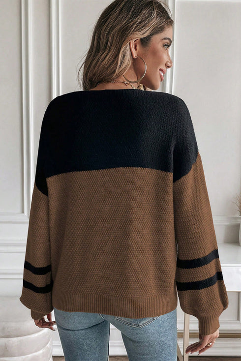 Colorblock Textured Knit Drop Shoulder Striped Sleeve Pullover Sweater