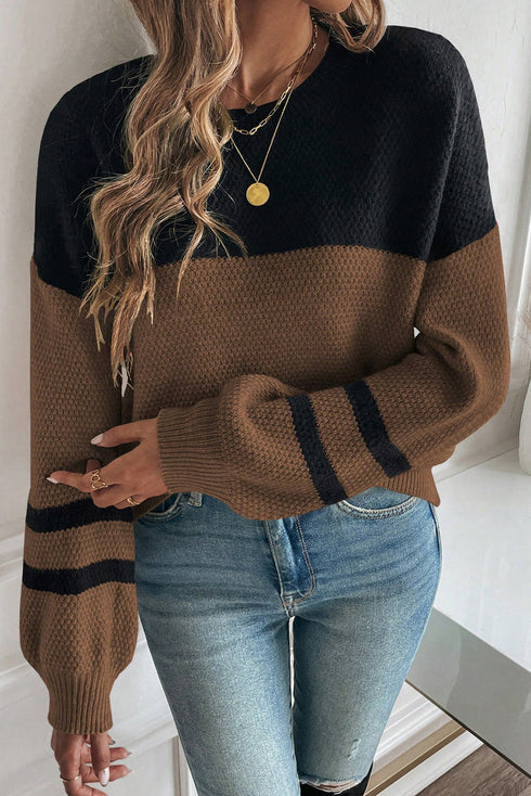 Colorblock Textured Knit Drop Shoulder Striped Sleeve Pullover Sweater