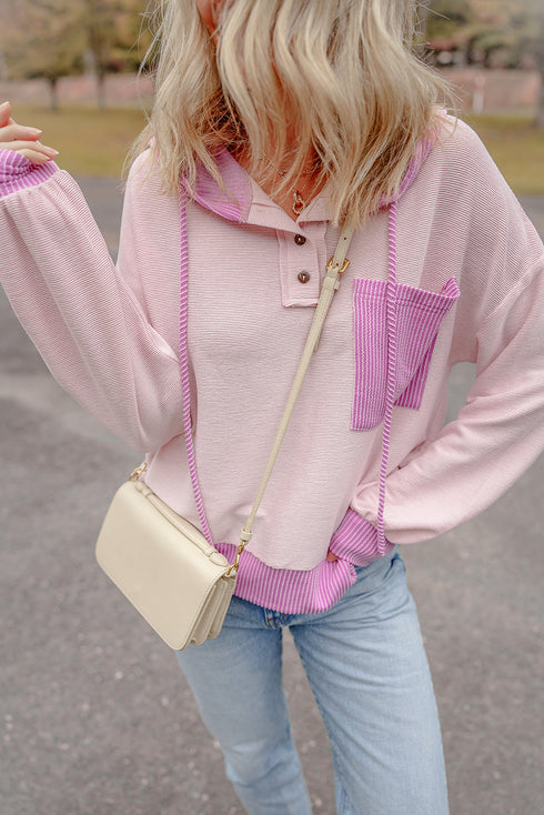 Colorblock Waffle Knit Long Sleeve Henley Pullover