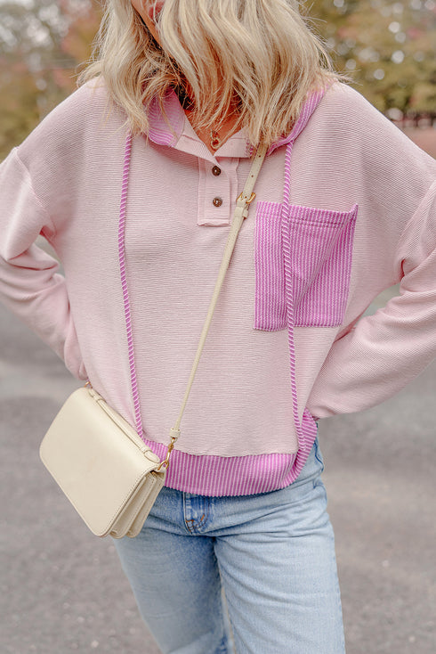 Colorblock Waffle Knit Long Sleeve Henley Pullover