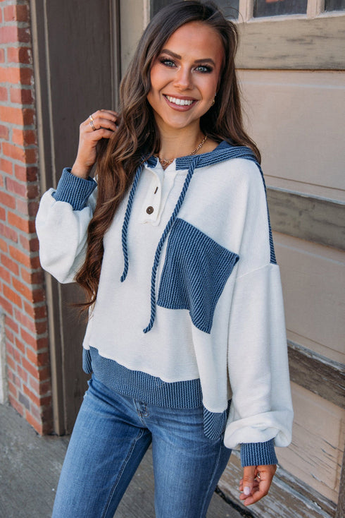 Colorblock Waffle Knit Long Sleeve Henley Pullover