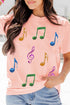 Colorful Music Notes Patch Graphic Relaxed Fit Casual Tee