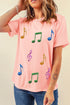 Colorful Music Notes Patch Graphic Relaxed Fit Casual Tee