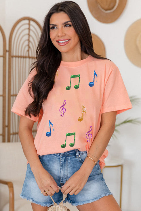 Colorful Music Notes Patch Graphic Relaxed Fit Casual Tee
